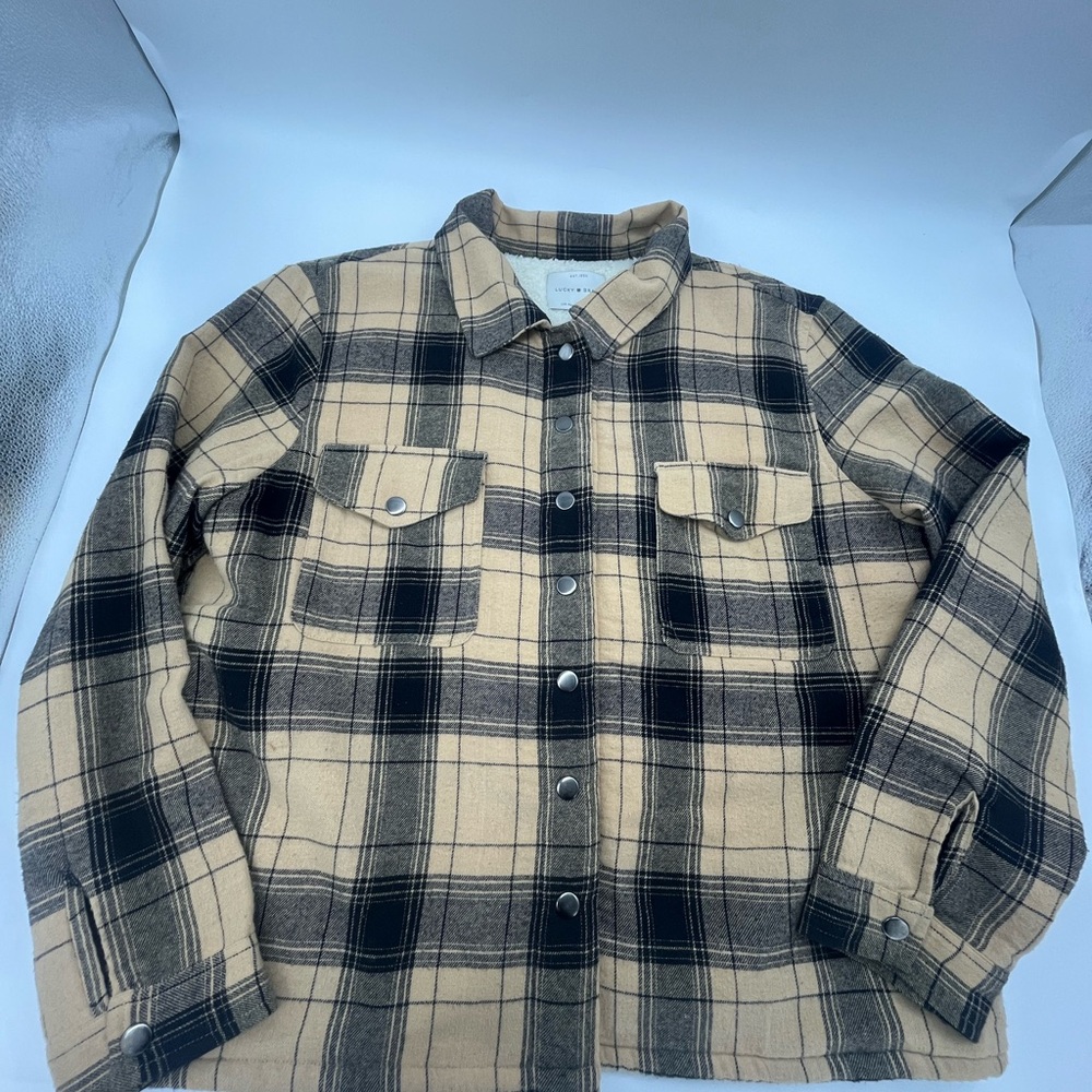 Lucky Brand Tan and Black Plaid Shirt Jacket - Picture 2 of 8
